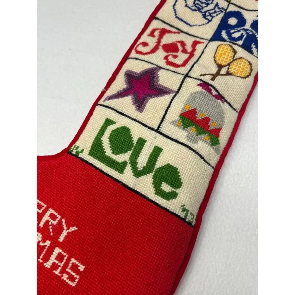 Vintage '73 Needlepoint Christmas Stocking Handmade Wool Cross Stitch‎